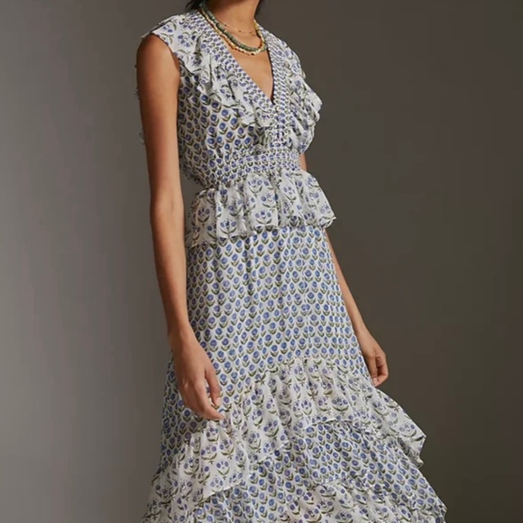 MISA Los Angeles Ruffled-Tiered Midi Dress  Ingrid dress Size M. Blue Floral - Picture 4 of 10